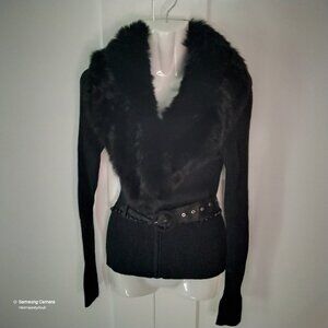 Boston Proper Black Faux Fur Ribbed Knit Belted Long Sleeve Stretch Cardigan M